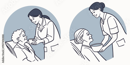 Two women are shown in different stages of caring for a baby. Vector
