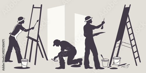 A group of people working together to paint a large wall mural. Vector