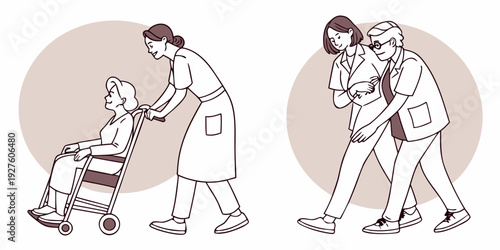 Elderly woman receiving assistance from a caregiver in a healthcare setting. Vector