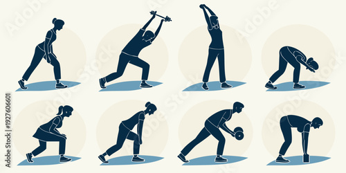 A series of stick figure drawings depicting various poses and movements in a sequence. Vector