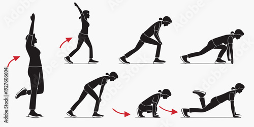 Illustration of a person performing various push-up exercises with different techniques Vector