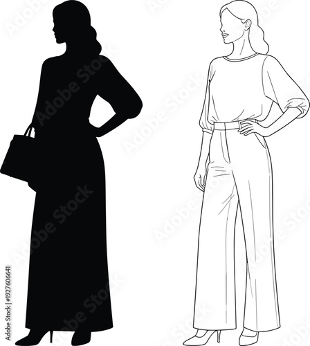 Elegant women's fashion silhouettes, black maxi dress with handbag and loose top with high-waisted wide leg pants, line art illustration
