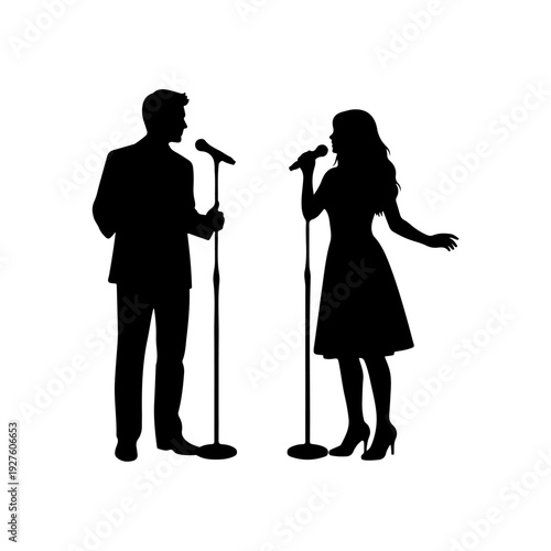 Silhouette of a male and female singer performing on stage.
