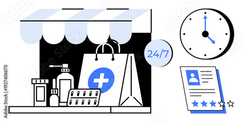 Pharmacy storefront with medical supplies, 247 service icon, clock, and customer review sheet. Ideal for healthcare, online shopping, customer support, time management, delivery service healthcare