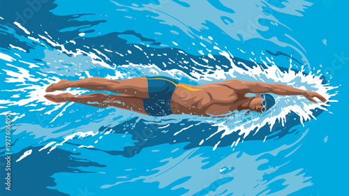 A muscular man swimming in a pool with a dynamic splash of water around him