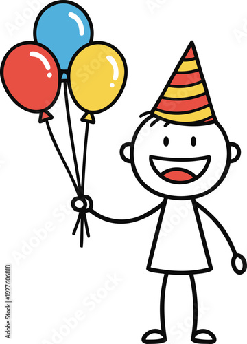 A cheerful cartoon child wearing a party hat holds colorful balloons in a festive scene.