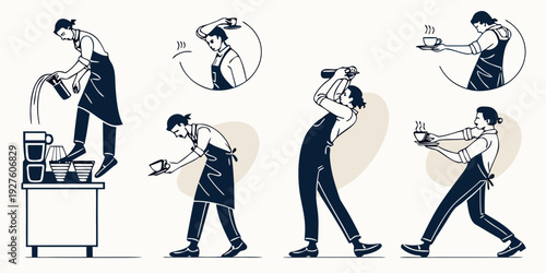 A sequence of images showing a man performing various exercises with a barbell Vector
