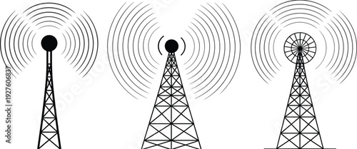 Telecommunication tower silhouettes set with radio signal waves, wireless network transmission, broadcasting antenna technology concept isolated on white background for communication systems