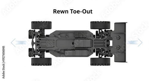 Underside view of a remote control car with toe-out alignment.