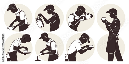 A sequence of images showing a man taking a photograph of a woman. Vector