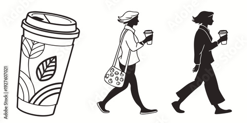 People walking with coffee cups on a city street during the morning Vector