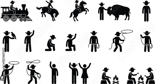 Cowboy and western lifestyle silhouettes set with rodeo, horse riding, train, bison, lasso, campfire and ranch activities vector icons isolated on light background