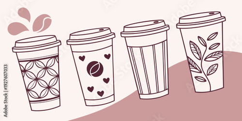 Assorted cups of coffee with different toppings and flavors displayed in a row Vector