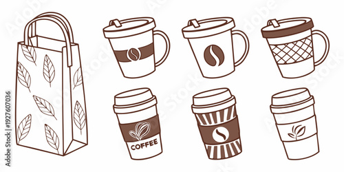 A variety of coffee cups and a coffee pot arranged on a wooden table Vector