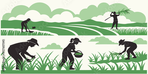 A serene landscape with animals grazing in a lush green field with mountains in the background Vector