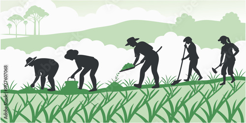 Ancient humans evolving from ape-like ancestors in a prehistoric landscape Vector