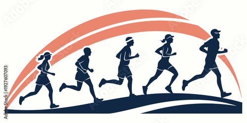 Group of runners participating in a marathon race under a rainbow arch. Vector