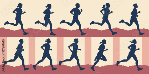 A sequence of a person running in various poses on a red and white background Vector