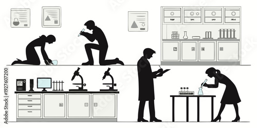 People working in a laboratory setting with various equipment and materials. Vector