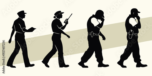 Silhouettes of people walking with different accessories and postures Vector