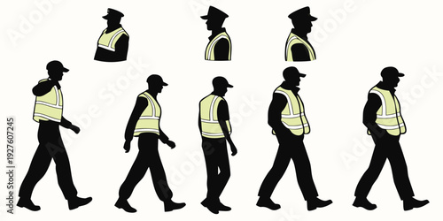 Diverse group of people walking in a line with various accessories and uniforms. Vector