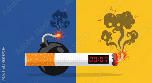 Smoking bomb countdown timer concept on blue and yellow background