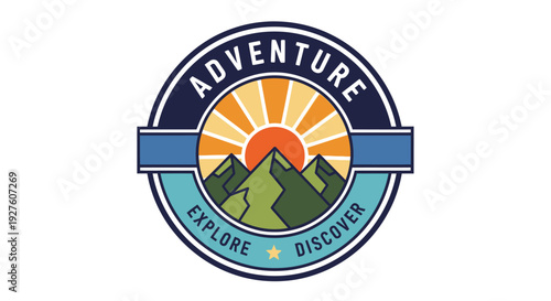Adventure logo with mountains and sunrise symbolizing exploration and discovery.