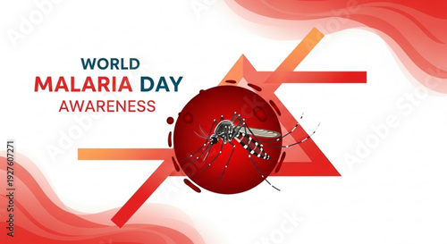 World malaria day awareness poster with mosquito and red abstract design elements for health campaigns