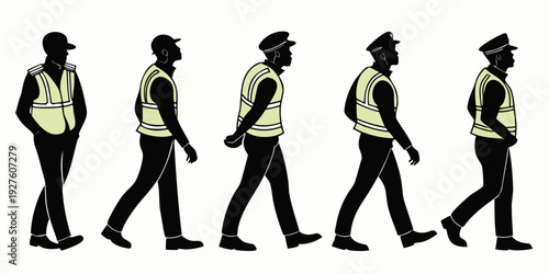 A sequence of a person walking with a backpack in silhouette form. Vector