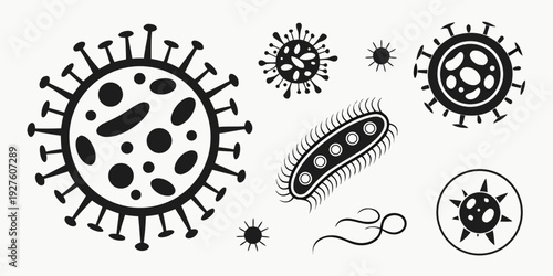 Diverse illustrations of various microorganisms and bacteria in black and white. Vector