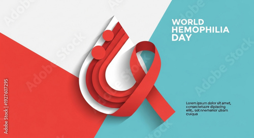 World hemophilia day awareness poster with red ribbon on white and blue background