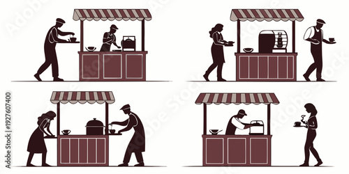 A diverse group of people engaging in various activities at market stalls Vector