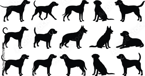 Collection of dog silhouettes featuring various breeds like labrador beagle and german shepherd in sitting standing and walking poses for pets