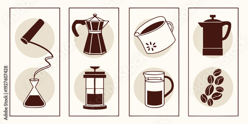 A variety of coffee brewing methods and tools displayed in individual compartments. Vector