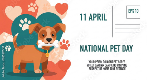 Cute dog illustration for national pet day with hearts and paw prints on a colorful background