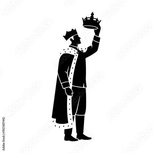 Silhouette of a King Holding a Crown Above His Head.