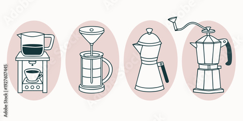 A visual guide to various types of coffee makers and their unique features Vector