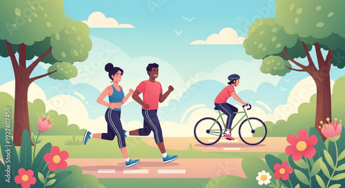 People jogging and cycling on a park path with trees and flowers enjoying outdoor fitness and recreation on a sunny day