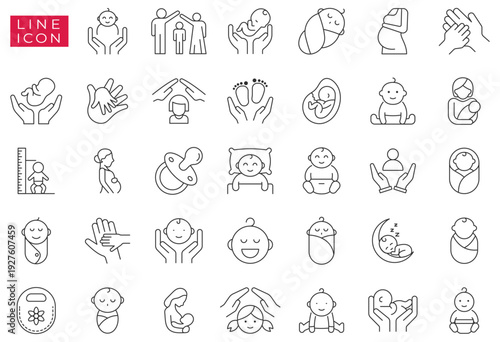 Baby care and parenting line icons set, newborn childcare outline symbols vector collection