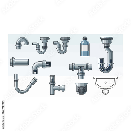 Plumbing Pipe Fittings and Traps Collection on White, Detailed Vector Art