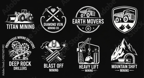 Mining Industry Logos Collection - Titan, Diamond Vein, Earth Movers, Deep Rock Drillers, Blast Off, Heavy Lift, Mountain Shift.