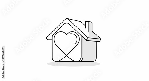 Simple black line art house icon with heart symbol inside.