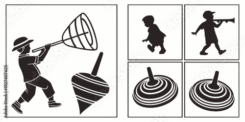 A man holding a lollipop with a dog and a cat in the background. Vector