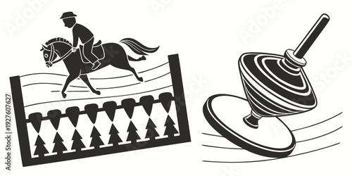 Illustrations of a horseback rider, an abacus, and a spinning top Vector