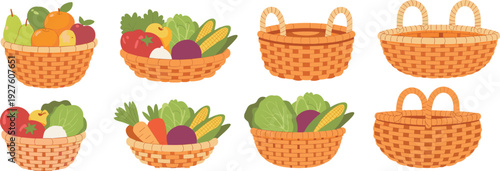 Wicker basket set with fruits and vegetables, empty and full picnic baskets collection, colorful vector illustration of fresh organic food containers