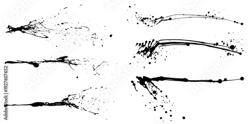 Set of abstract black ink splashes and expressive paint strokes presented as a grunge texture collection isolated on white background.