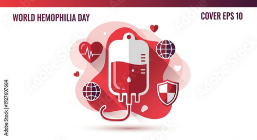 World hemophilia day awareness graphic with blood bag and medical symbols on red background