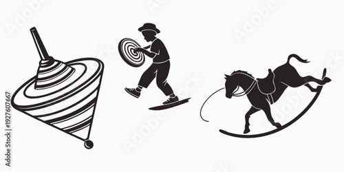 A playful illustration of a spinning top, a cat, and a dog enjoying a game together Vector