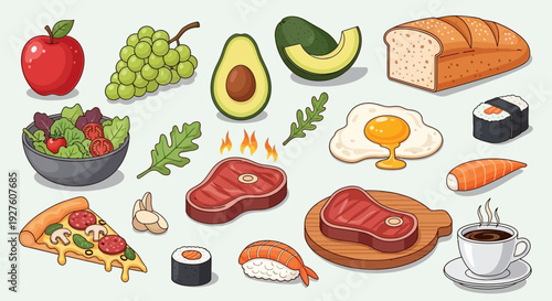 Assorted food items including fruits, meats, and Japanese dishes.