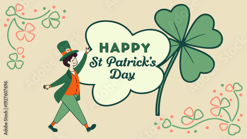 A decorative illustration features swirling green foliage and the text happy st patrick s day in elegant calligraphy high-quality professional detailed modern stylish clean crisp